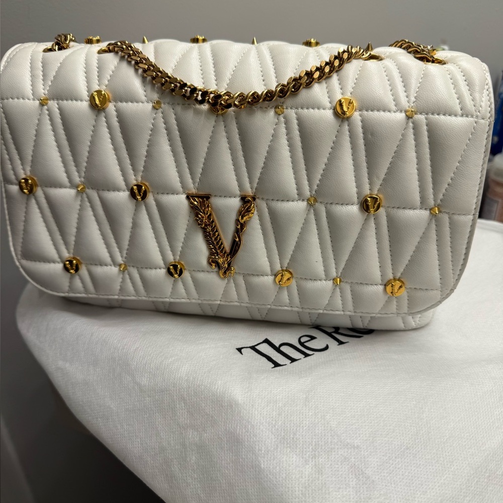 Versace White and Gold Quilted Shoulder Bag